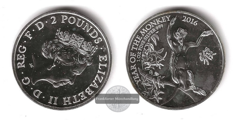  Großbritannien  2 Pounds 2016 Affe   FM-Frankfurt  Feingewicht: 31,1g  Silber  vz aus st.   