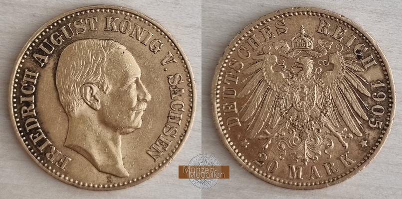 Sachsen, Kaiserreich  20 Mark MM-Frankfurt Feingold: 7,17g Friedrich August 1904 - 1918 1905 E 