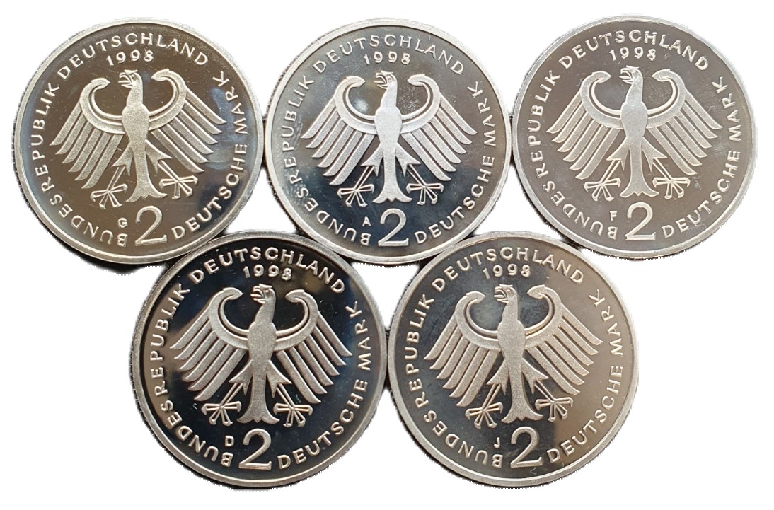  BRD Satz 2 DM Deutsche Mark 1998 ADFGJ 5 Münzen in Spiegelglanz Ludwig Erhard (004)   