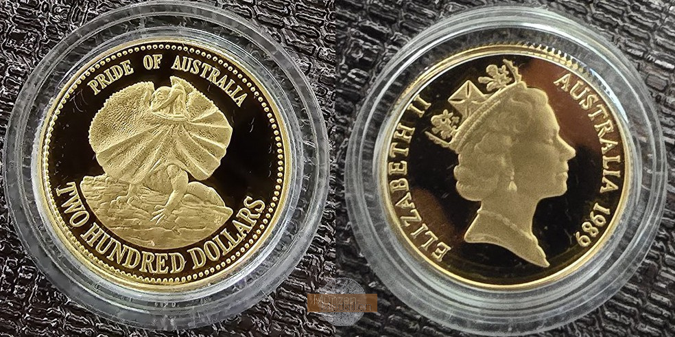  Australien.  200 Dollar 1989 Pride of Australia Rüschenhals-Eidechse  MM-Frankfurt  Feingold 9.17g   