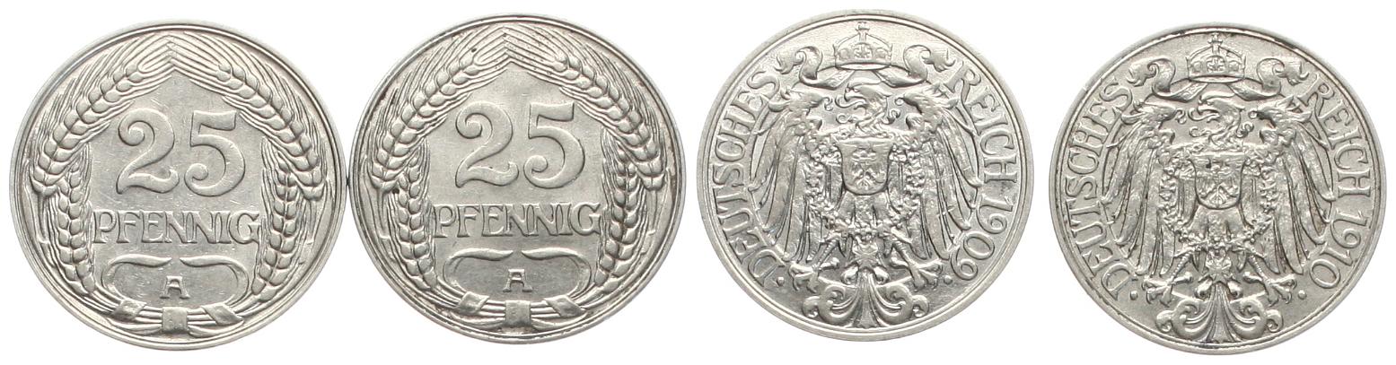  Kaiserreich: Wilhwlm II., 2 x 25 Pfennige (Ni), 1909 A & 1910 A, TOP-Erhaltungen!   