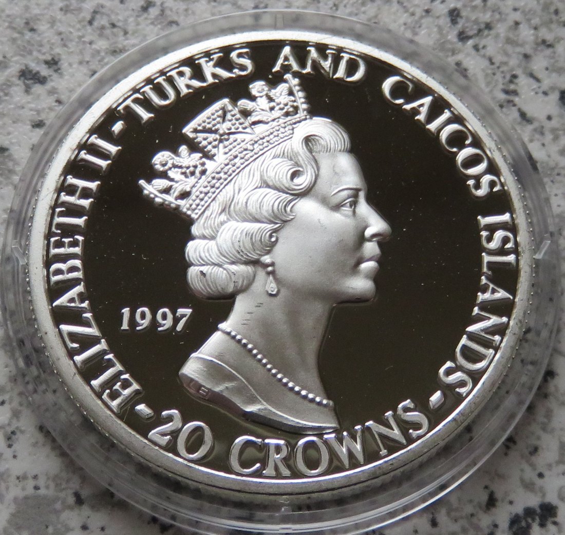  Turks- & Caicosinseln 20 Crowns 1997, Hongkong, 1-ne Unze Feinsilber   