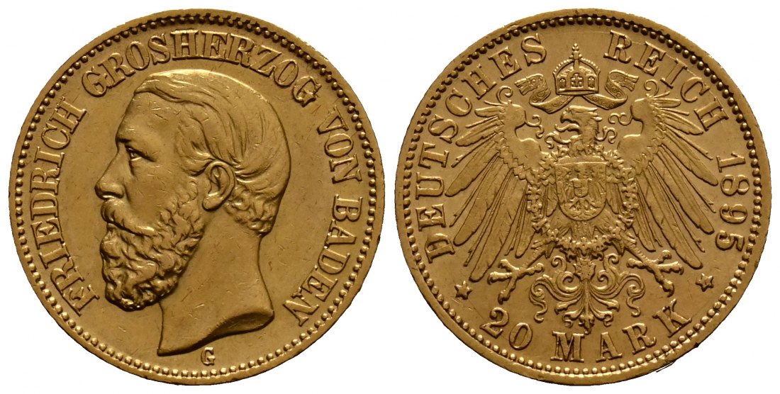PEUS 1689 Baden - Kaiserreich 7,16 g Feingold. Friedrich I. (1852 - 1907) 20 Mark GOLD 1895 G Vorzüglich