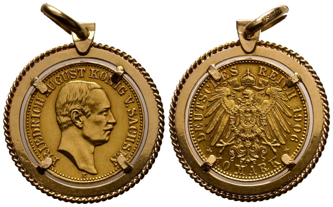 PEUS 1691 Sachsen - Kaiserreich Münze 3,58 g Feingold. Friedrich August III. (1904 - 1918) 10 Mark GOLD 1906 E Selten Gefasst, Sehr schön