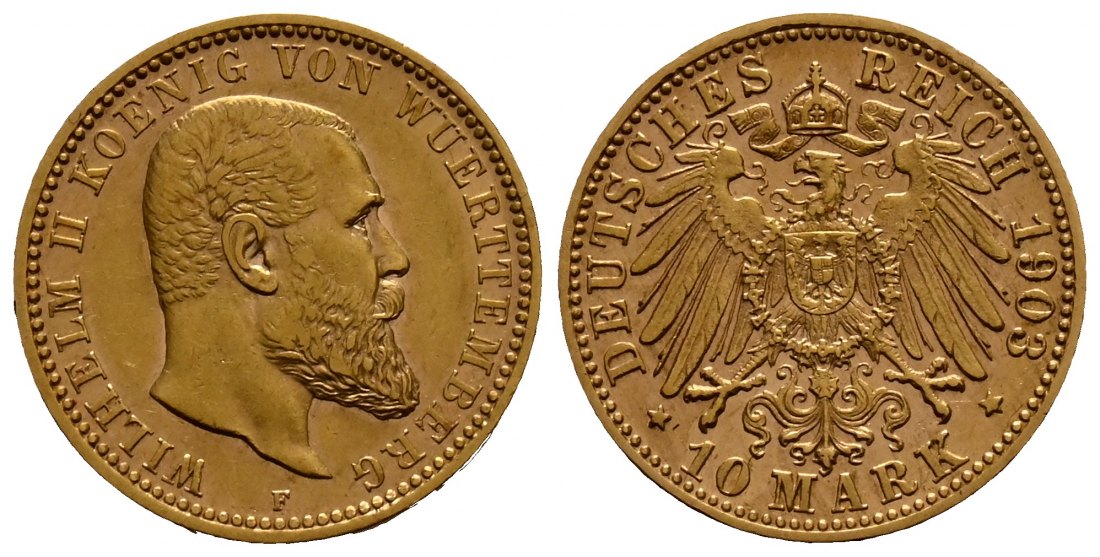 PEUS 1692 Kaiserreich - Württemberg 3,58 g Feingold. Wilhelm II. (1891 - 1918) 10 Mark GOLD 1903 F Stuttgart Vorzüglich