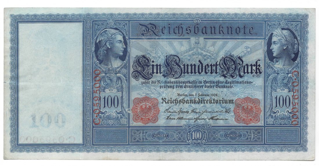  Ro. 35, 100 Mark Reichsbanknote vom 07.02.1908,  langer Hunderter, C.0595000, leicht gebraucht II   