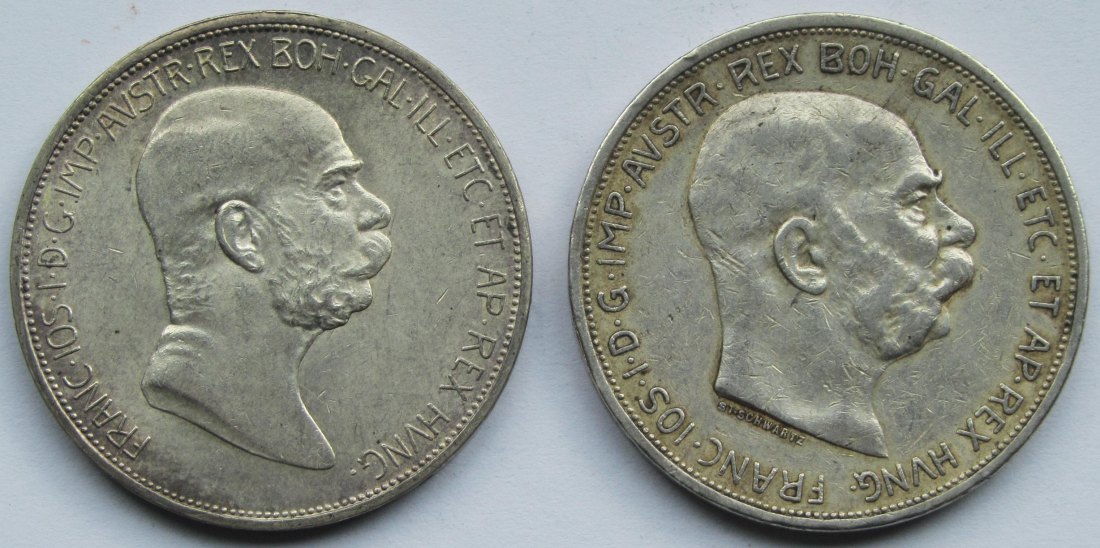  Österreich: 2 x 5 Kronen 1908 + 1909   
