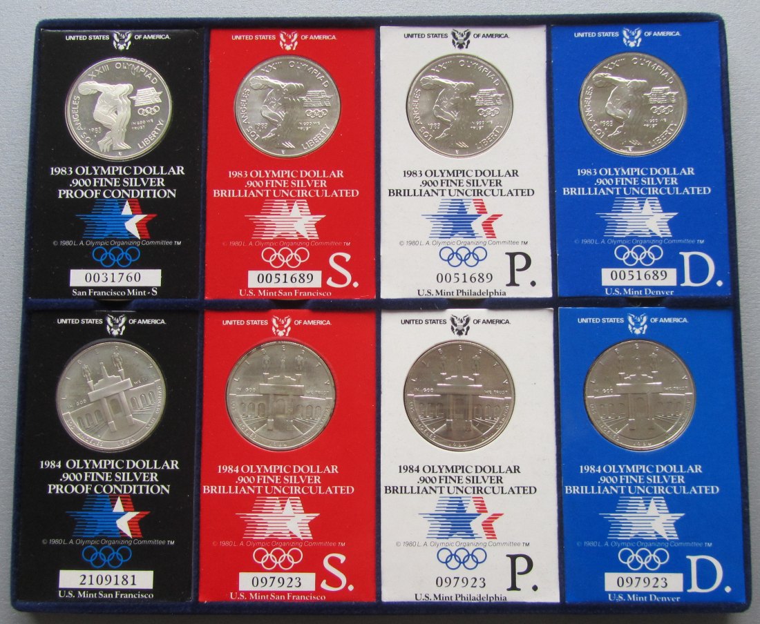  USA Vereinigte Staaten: Acht Silberdollars Olympia Los Angeles 1984, zusammen 192,5 g Feinsilber   