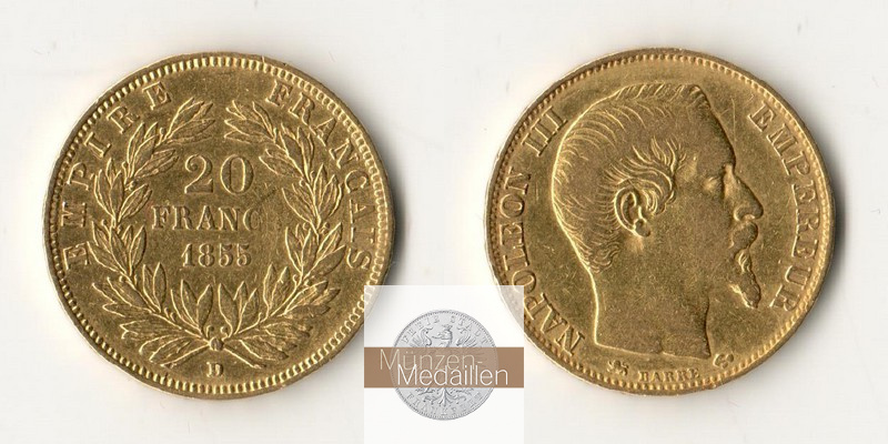 Frankreich MM-Frankfurt Feingewicht: 5,81g 20 Francs 1855 A 
