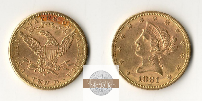 USA  10 Dollar MM-Frankfurt Feingold: 15,05g Eagle 1881 