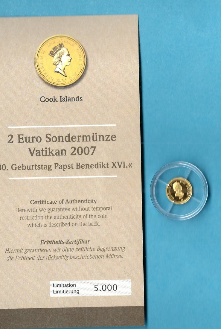  Cook Island 1 Dollar 2007 0,5 Gr. 999 Gold Vatikan Münzenankauf Koblenz Frank Maurer AB 688   