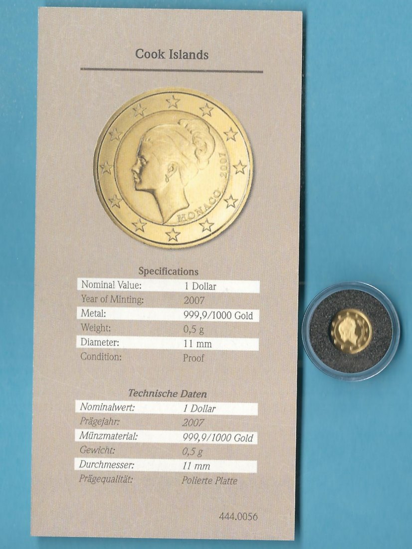  Cook Island 1 Dollar 2007 0,5 Gr. 999 Gold Grace Kelly Münzenankauf Koblenz Frank Maurer AB 690   