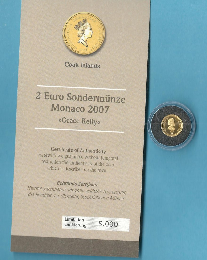  Cook Island 1 Dollar 2007 0,5 Gr. 999 Gold Grace Kelly Münzenankauf Koblenz Frank Maurer AB 690   
