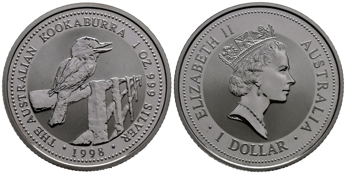 PEUS 1710 Australien 31,1 g Feinsilber. Kooraburra auf Zaun Kookaburra Dollar SILBER Unze 1998 Almost Uncirculated