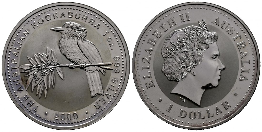 PEUS 1711 Australien 31,1 g Feinsilber. Kookaburra auf Ast 1 Dollar SILBER Unze 2000 Almost Uncirculated