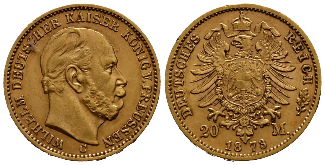 PEUS 1700 Kaiserreich - Preußen 7,16 g Feingold. Wilhelm I. (1861 - 1888) 20 Mark GOLD 1873 C Frankfurt Sehr schön