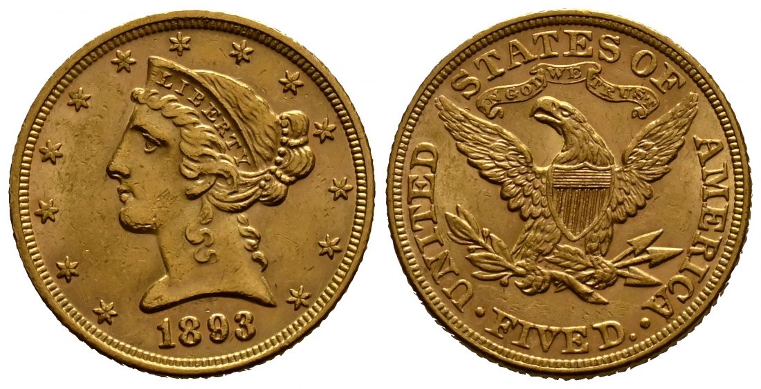 PEUS 1708 USA 7,52 g Feingold. Coronet Head 5 Dollars GOLD 1893 Sehr schön