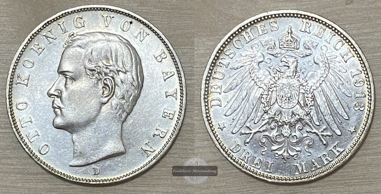  Deutsches Kaiserreich. Bayern, Otto.  3 Mark  1913 D   FM-Frankfurt   Feinsilber: 15g   