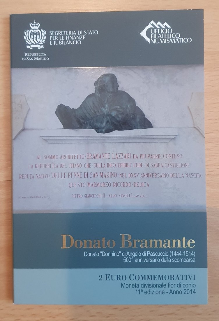  San Marino 2014, 2 € Gedenkmünze Bramante in Blisterkarte und Originalfolder!   