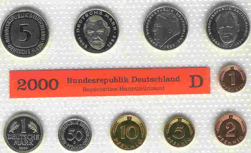  Bundesrepublik, Kursmünzensatz 2000 D,ST, DM-Währung, OBH   