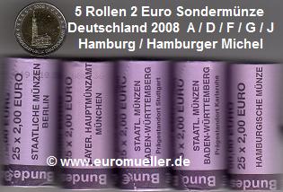 Deutschland alle 5 Rollen...2 Euro Sondermünzen 2008...Hamburg   