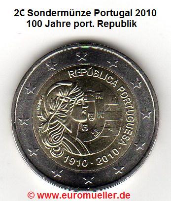 Portugal 2 Euro Sondermünze 2010...100 J. port. Republik   