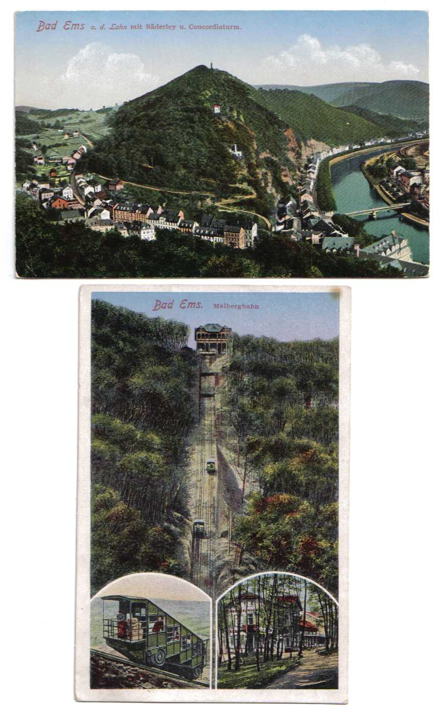 Deutschland 2 verschiedene farbige Ansichtskarten Ems Bad nicht gelaufen ca 1910