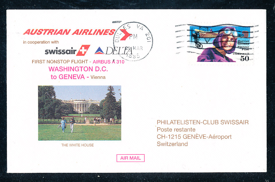 Austrian Airline Nonstop Erstflug Airbus A 310 Washington Genf 27 3 1995 auf offiz ill Kuvert