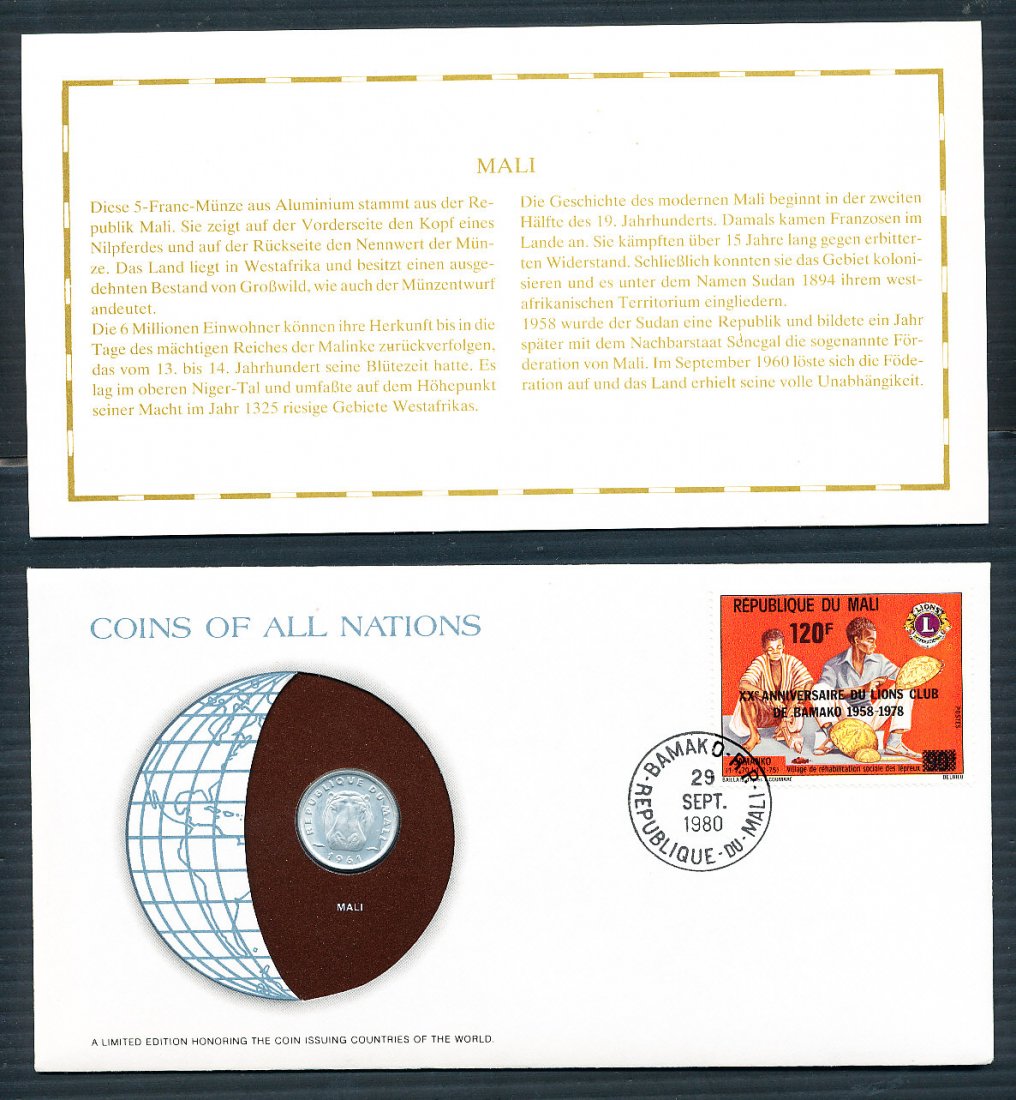 Mali Numis-Phila-Brief Alu M&uuml;nze 5 Fr Nilpferd 1961 Sondermarke 2 Handwerker 1980