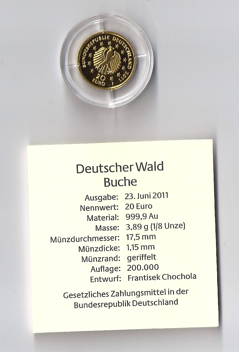  Bundesrepublik Deutschland, 20 Euro 2011, J, Gold, Buche, Serie Deutscher Wald   