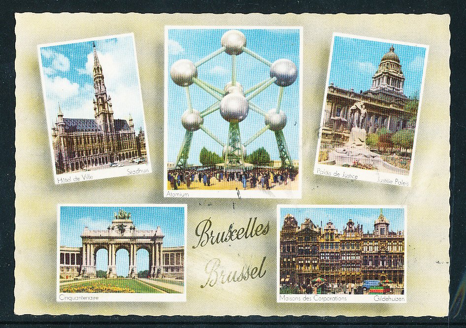 Belgien Michel Nr 1101 + 1102 + 1104 + 1106 farbige Ansichtskarte Atomium mit Sonderstempel 1958