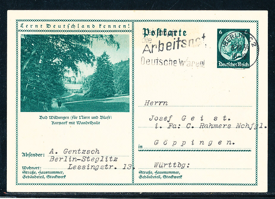 DR Deutsche Reich Ganzsache Michel Nr P 221 Bild Bad Wildungen Hindenburg 6 (Pf ) gelaufen 6 10 34