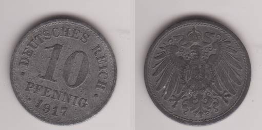 Ersatzm&uuml;nzen des I Weltkriegs , 10 Pfennig , J&auml;ger 299 , 1917 o Mzz
