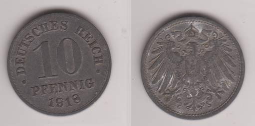 Ersatzm&uuml;nzen des I Weltkriegs , 10 Pfennig , J&auml;ger 299 , 1918 o Mzz