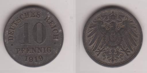 Ersatzm&uuml;nzen des I Weltkriegs , 10 Pfennig , J&auml;ger 299 , 1919 o Mzz