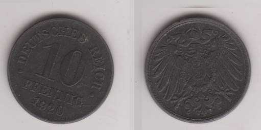 Ersatzm&uuml;nzen des I Weltkriegs , 10 Pfennig , J&auml;ger 299 , 1920 o Mzz