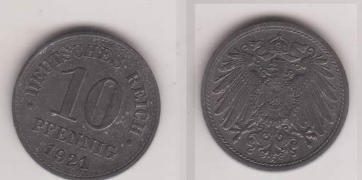 Ersatzm&uuml;nzen des I Weltkriegs , 10 Pfennig , J&auml;ger 299 , 1921 o Mzz