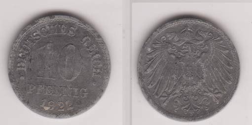 Ersatzm&uuml;nzen des I Weltkriegs , 10 Pfennig , J&auml;ger 299 , 1922 o Mzz