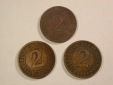 Lots -19- Weimar 3 x 2 Reichs Pfennig 1924 A, E und G   Orgina...