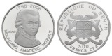 500 Francs 2005 Benin, Silbergedenkmünze Mozart, PP; 7 g; Ø ...