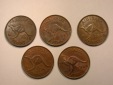 Lots -46-  Australien  5 x 1 Penny 1938-1964   Orginalbilder