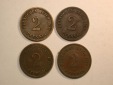 E03  KR  2 Pfennig 1907-1912  4 Münzen  Originalbilder