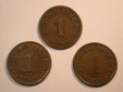 F11  KR 1 Pfennig 1900 E, 1907 A und 1912 D  3 Stück   Origin...