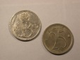 F17  Belgien  25 Centimes 1965 und 1970  2 Stück    Originalb...