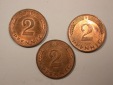 G19  BRD  2 Pfennig 1979 3 Stück F,G,J in vz/vz-st  Originalb...