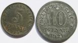 Weimar Ersatzmünzen, 5 Pf. 1921 A und 10 Pf. 1921 ohne MZ