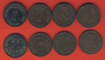 Kaiserreich 4x 1 Pfennig 1900 A +1903  A + 1908 F + 1909 F.