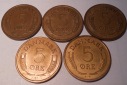 e.123 Dänemark 5er Lot 5 Öre 1968 1969 1970 1971 1972