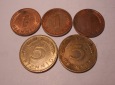 M.131 BRD 5er Lot, 1 Pfennig 1977D+1988J+1991A, 5 Pfennig 1988...