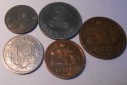 TK59 Dänemark 5er Lot, 1 Öre 1963, 2 Öre 1966, 10 Öre 1972...